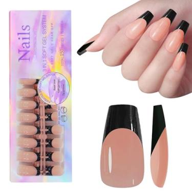 Imagem de Pontas de unhas de gel francesas, 150 peças de unhas pretas francesas pretas, unhas postiças de gel macio, primer e base pré-aplicadas 3 em 1, 15 tamanhos para extensão de unhas DIY, sem necessidade