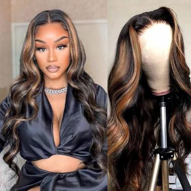 Imagem de Glegov Perucas de cabelo humano Highlight Lace Front Wigs, 40 cm, ondulado corporal, 33 x 15 cm, perucas de cabelo humano loiro mel transparente para mulheres, 180% densidade colorida 1B/30, peruca