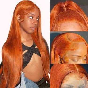 Imagem de Perucas de cabelo humano sem cola, cor de gengibre, laranja, sem cola, cabelo humano sem cola, cabelo humano liso vermelho gengibre frontal perucas de cabelo humano para mulheres, 180% de densidade