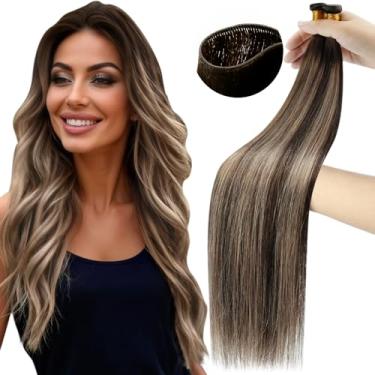 Imagem de Moresoo Extensões de cabelo de trama marrom escuro a loiro cabelo humano gênio ombré marrom escuro a caramelo loiro cabelo humano costurado em extensões amarradas à mão 50 g 45,7 cm
