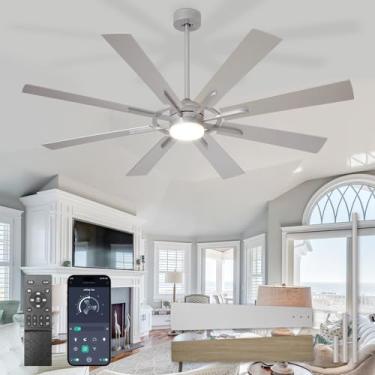 Imagem de BvenuBigLite Ventiladores de teto grandes com luzes: Ventilador de teto externo moderno de 66 polegadas 8 lâminas com controle remoto de aplicativo - Luz de ventilador grande de níquel escovado
