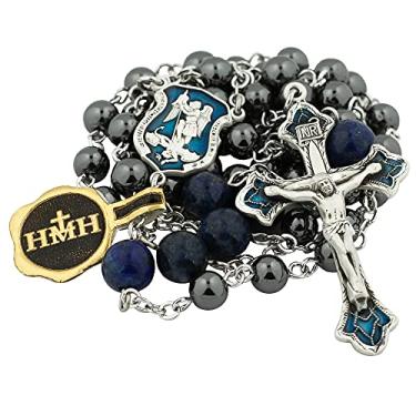 Imagem de Terço de hematita genuíno | Escudo de São Miguel de prata esterlina e lindo crucifixo com detalhes azuis | Santo Padroeiro da polícia, militares, marinheiros e trabalhadores de mercearia | Inclui