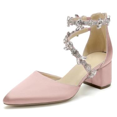 Imagem de Hyinlays Sandálias femininas fechadas de salto fino salto bloco cetim cristal casamento salto baixo grosso noiva formatura salto alto sandálias, Rosa empoeirada, 41