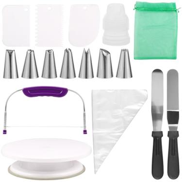 Imagem de 35 kits de suprimentos de decoração de bolos com suporte de bolo e nivelador, 7 pontas de cobertura e 20 sacos - conjunto de 3 raspadores de espátula reta e deslocada, kit de suprimentos de decoração