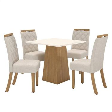 Imagem de Mesa de Jantar Dora 90cm Canto Reto sem Vidro Nature Off White com 4 Cadeiras Bella Linho - Henn
