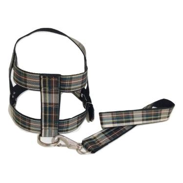 Imagem de Kit Guia com peitoral 40mm  xadrez preto e marrom tamanho 10  77 cm a 93 cm 