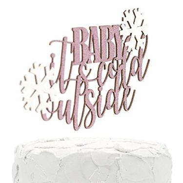 Imagem de NANASUKO Topo de bolo para chá de bebê - BABY it's cold outside - Glitter rosa bebê dupla face com flocos de neve brancos - Qualidade premium feita nos EUA