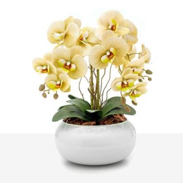 Imagem de Arranjo Orquídea Silicone Toque Real 4 Hastes Vaso Vidro Branco - Flor