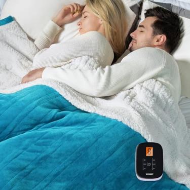 Imagem de WOOMER Cobertor elétrico tamanho solteiro 157,5 cm x 213,4 cm, cobertor aquecido com temporizador de 0,5 a 12 horas e 10 níveis de aquecimento, certificado ETL, veludo azul-petróleo e sherpa branco
