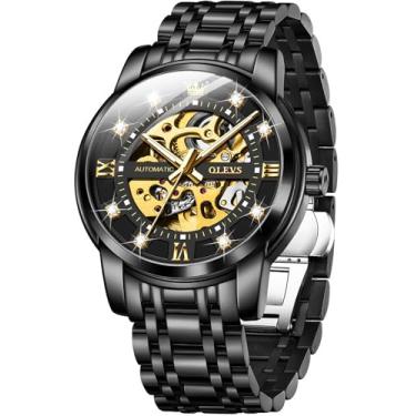 Imagem de OLEVS Relógio masculino automático esqueleto diamante luxuoso mecânico automático relógio de pulso à prova d'água luminoso, G9901: pulseira preta e mostrador preto