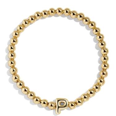 Imagem de BaubleBar Pulseira personalizada inicial Pisa, contas modernas banhadas a ouro, joias modernas, pulseira popular com letras iniciais, ajuste elástico para crianças e adultos, One Size, Latão, Sem