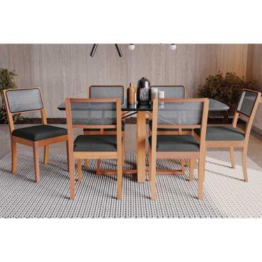 Imagem de Kit 6 Cadeiras Sala Jantar Elma Tampo Madeirado c/ Vidro 90x160cm e 6 Cadeiras Lola Carvalho/Preto fosco/Vidro preto - Linho Cinza - Kappesberg