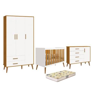 Imagem de Dormitório Infantil Isis Guarda Roupa 3 Portas, Cômoda 1 Porta e Berço Branco/Savana com Colchão D18