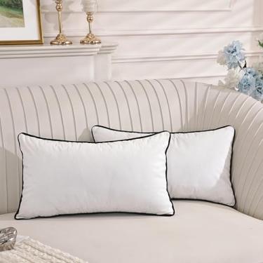 Imagem de TAOSON Conjunto de 2, capas de almofada de veludo branco decorativas para sofá com bordas de corda preta para decoração de casa moderna, fronhas para sala de estar, sofá, cama, quarto, 30 x 50 cm