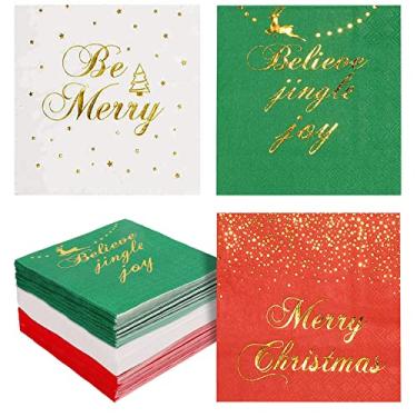 Imagem de Whaline Pacote com 120 guardanapos de papel descartáveis de Natal, guardanapos de coquetel de bebida com design de folha dourada de 3 camadas para festas de fim de ano, dobrados 12 x 12 centímetros