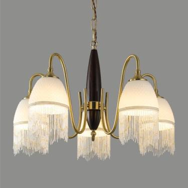 Imagem de Lustre de meados do século Sala de jantar Madeira Sputnik Lustre de vidro leitoso Vintage Luz pendente de teto de madeira Antigo Ouro Fazenda Lâmpada suspensa para sala de estar Cozinha Ilha