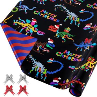 Imagem de EWES Conjunto de rolos de papel de embrulho de Natal de dinossauro, papel de embrulho infantil preto engraçado, padrão com fósseis de dinossauro, listras azuis e laranja reversíveis, total 28,5 m²