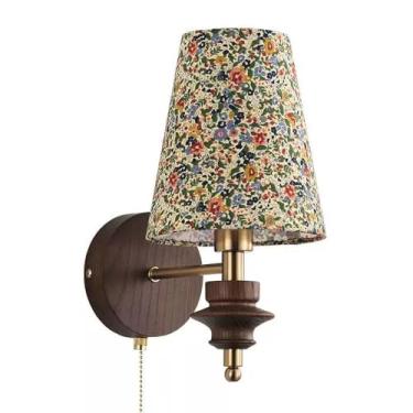 Imagem de Puxar corrente de madeira arandela cilíndrica vintage dourada luminária de parede com abajur de tecido floral colorido, Wabi Sabi madeira maciça decoração para casa luminária retrô arandelas