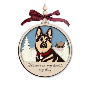 Imagem de Enfeite memorial de pastor alemão Forever in My Heart - Decoração de árvore de Natal de madeira de 3 camadas - Ornamento rústico de férias em estilo fazenda - Ornamento de perda de animais de