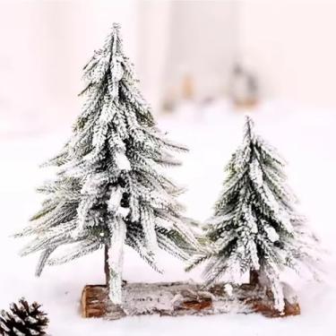 Imagem de Árvore de Natal Decorativa Nevada com Base de Madeira, Verde e Branco, 34x25cm, 3 Peças, Decoração Natalina para Mesa (2)