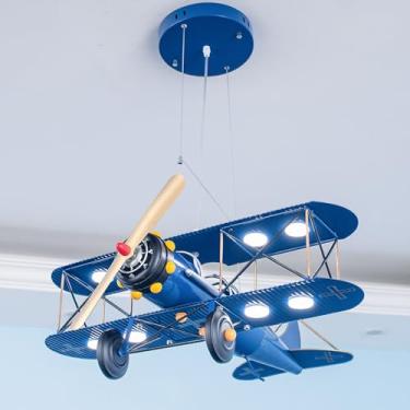 Imagem de Lustre infantil para quarto de meninos, lustre moderno de avião, luminária pendente de teto LED regulável, helicóptero vintage, metal, aeronave industrial, lâmpada suspensa para quarto de me