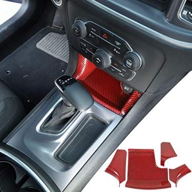 Imagem de JeCar Acessórios interiores console central painel de acabamento de armazenamento de câmbio para Dodge Charger 2011-2020, fibra de carbono vermelha, 4 peças