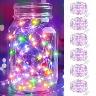 Imagem de btfarm Pacote com 6 luzes de fadas operadas a pilha, 20 cm, mini cordão de luzes LED à prova d'água, fio prateado para potes de pedreiro de mesa de centro de mesa, artesanato de quarto, decoração de