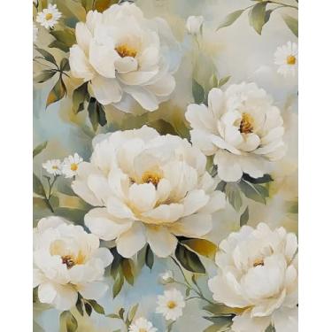 Imagem de BOKEBEVE Papel de parede floral grande, descascar e colar, papel de parede de flor branca, boêmio, moderno, papel de parede pegajoso para armário, prateleira, forro de prateleira, backsplash removível