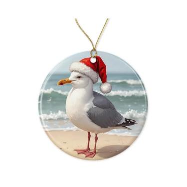 Imagem de Gaivota com enfeite de chapéu de Natal - Enfeite de Natal fofo de gaivota - Amante de animais - Decoração de árvore de Natal - Lembrança de praia de cerâmica impressa em ambos os lados