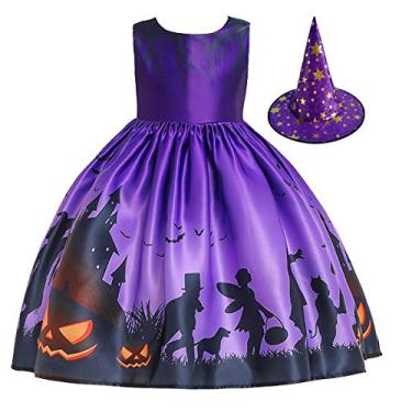 Imagem de Fantasia de Halloween para meninas FMYFWY com chapéu de bruxa para crianças Festa chique Cosplay Roupas Fantasma Abóbora Caveira Impressa Vestido, Purple 002, 8-9 Years