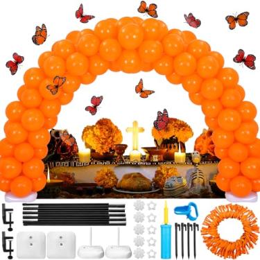 Imagem de Dia De Los Muertos Conjunto de Decorações 3,6 m Dia dos Mortos Kit de Arco de Balão Calêndula 100 Balões 2 Suportes de Balão Bases de Enchimento de Água 12 peças Decoração de Borboleta 3D para