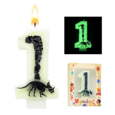 Imagem de Vela de aniversário de dinossauro que brilha no escuro número 1 para festa temática de esqueleto jurássico menino