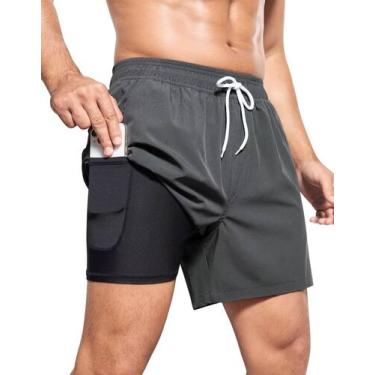 Imagem de Calções de banho SILKWORLD masculinos com forro de compressão cinza ca