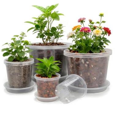 Imagem de GUGEMEI Vasos transparentes para berçário de 27,5 cm, com orifícios de drenagem e pires, pacote com 12 vasos transparentes para plantas, pacote variado, vasos de mudas para suculentas, ervas, flores