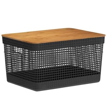 Imagem de Cesto Organizador com Tampa de Bambu, 20L, Design Moderno, Decoração P/Casa Quarto Escritório Cozinha Armário, Caixa Multiúso (Preto)