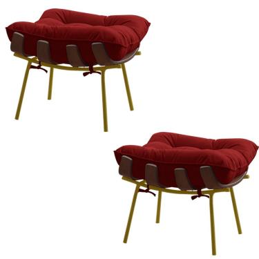 Imagem de Kit 2 Puffs Decorativos Sala de Estar Abel Base de Madeira Dourada Veludo Vermelho - Gran Belo