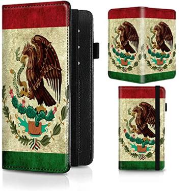Imagem de Rossy Capa para talão de cheques de couro PU fina com compartimento para cartão, porta-canetas, bloqueio de RFID e tira elástica para homens e mulheres, Bandeira vintage mexicana do México