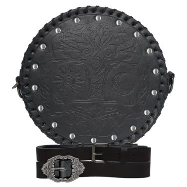 Imagem de Bolsa renascentista para mulheres, bolsa de cinto de couro sintético em relevo Viking, bolsa de cintura medieval, acessórios Ren Faire para viagens, festivais, feiras e cosplay, Preto, One Size