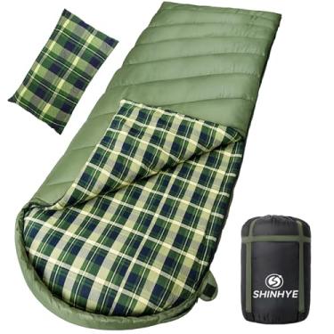 Imagem de ShinHye Saco de dormir de 0 graus para adultos - flanela de algodão 4 estações clima frio inverno, 2GG saco de dormir grande e alto para acampamento com saco de compressão (verde, 222 cm × 89 cm zíper