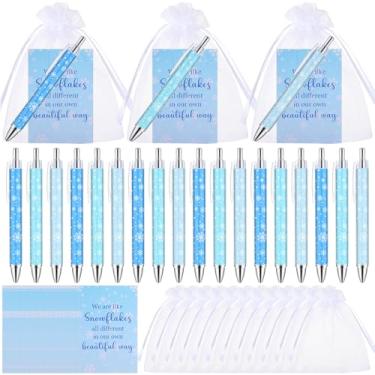 Imagem de Sayglossy 48 conjuntos de canetas esferográficas de flocos de neve de inverno e cartões de Natal com tema de floco de neve, canetas esferográficas de tinta preta retrátil, lembrancinhas de festa de