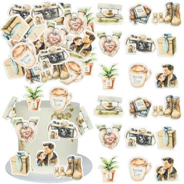 Imagem de Ephlyn 54Pcs Edible Happy Father's Day Cupcake Toppers Wafer Paper Gift Box Best Dad Ever Cupcake Picks for Fathers Day Theme Birthday Party Cake Decorations Coffee