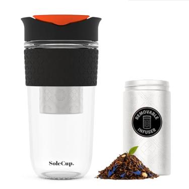 Imagem de SoleCup. Caneca de viagem grande infusor de chá solto - coador de chá removível com tampa à prova de derramamento - 530 ml sem BPA copo de café de viagem de vidro reutilizável com faixa de silicone