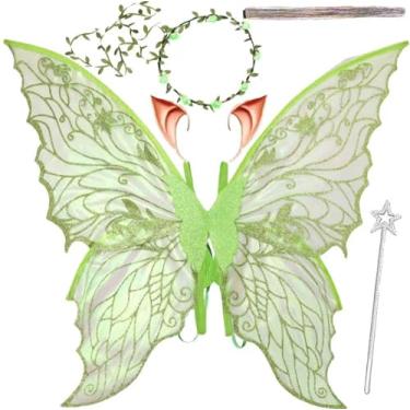 Imagem de Asas de fada para adultos e meninas, conjunto de fantasia de fada com guirlanda floral, enfeites de cabelo de fada, varinha e orelhas de elfo – asas de borboleta, Verde, G