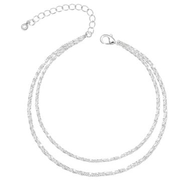 Imagem de Poxtex Tornozeleira feminina de prata esterlina à prova d'água, zircônia cúbica 925 banhada a prata e pingente de coração, tornozeleiras delicadas para mulheres, conjunto de tornozeleiras de corrente