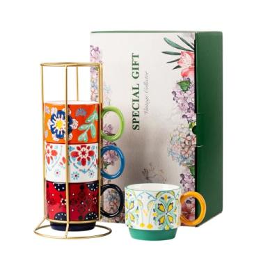 Imagem de ONECCI Canecas de café de cerâmica empilháveis florais - Conjunto de 4 com suporte, copos de porcelana multicoloridos de 354 g para latte, cappuccino, chá, cacau quente - Seguro para lava-louças e