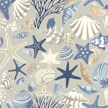 Imagem de Boho Bege Creme Cinza Azul Submarino Animal Coral Estrela do Mar Papel de Parede Descasque e Cole Papel de Parede Papel de Parede Vintage Vinil Stick em Papel de Parede para Quarto Banheiro Cozinha