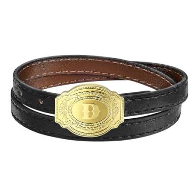 Imagem de hooppoo Pulseira inicial personalizada para homens e mulheres - ajustável (16,5 cm - 7,48") banhado a ouro 14 K, design de fivela de cinto ocidental com couro sintético duplo presente, Dourado
