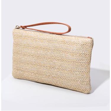 Imagem de Bolsa clutch feminina de palha - Bolsa de mão boêmia verão praia com zíper, Amarelo, Compact