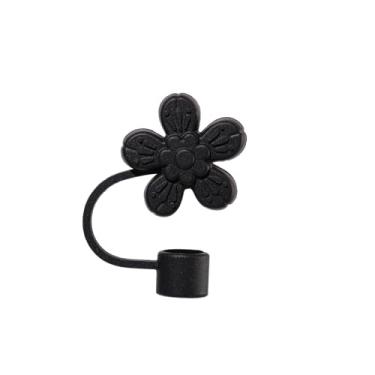 Imagem de Capa de palha de silicone de flores pretas para tampas de palha de 10 mm para acessórios de copos Stanley, bonito topo de palha para copos tampa de palha para tampas de ponta de canudos reutilizáveis