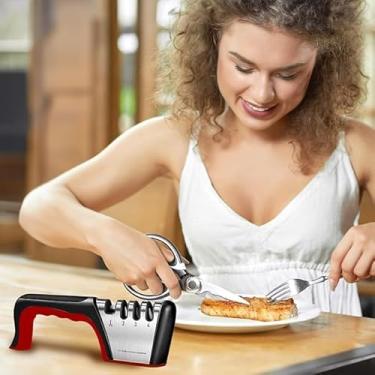 Imagem de Afiador de facas de 4 estágios - Afiador de facas de cozinha premium, apontadores manuais portáteis ajustáveis, base antiderrapante para canivete de bolso, chefs e serrilhados (vermelho)